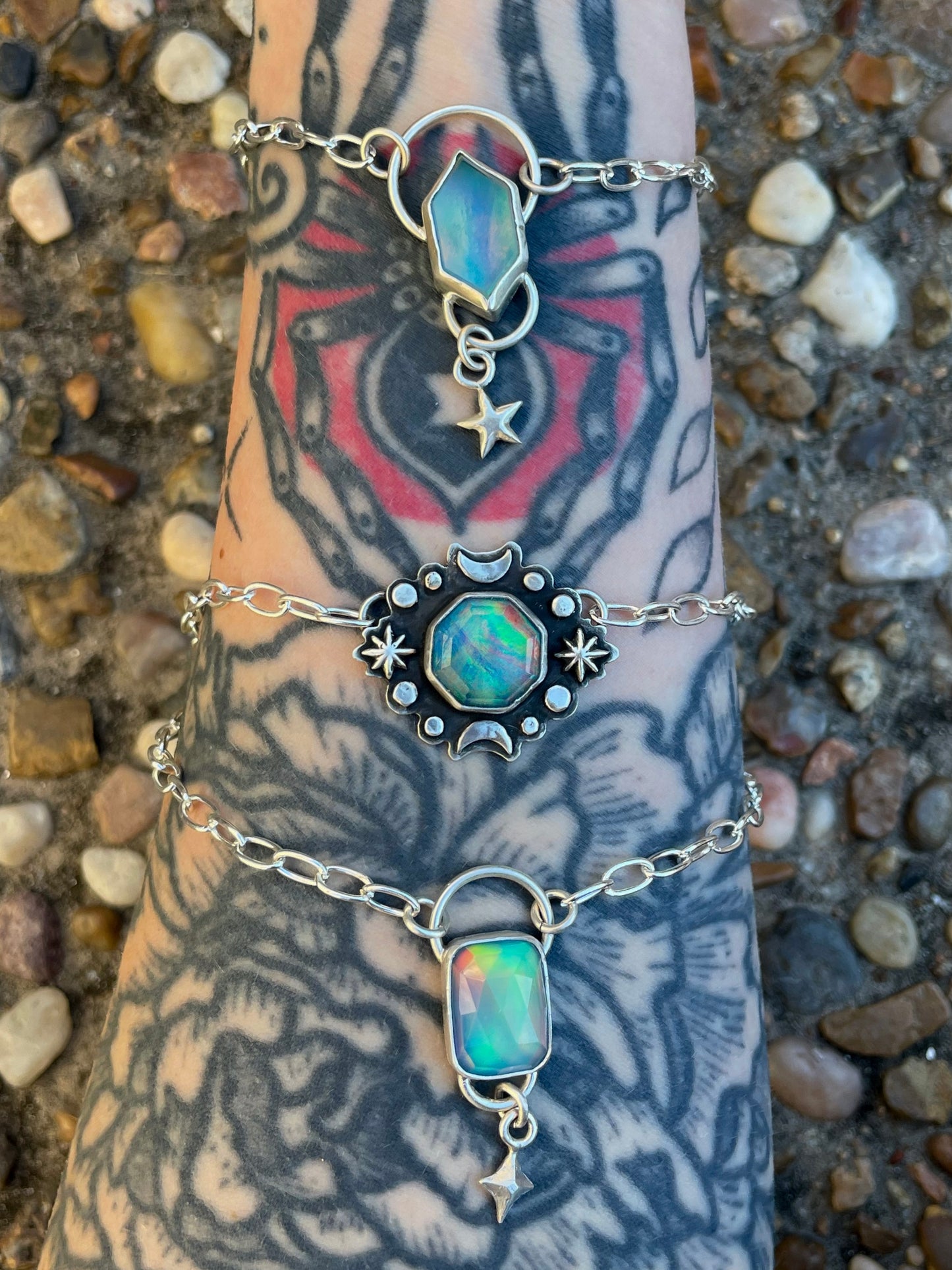 Hexagon cut aura Opal falling star necklace