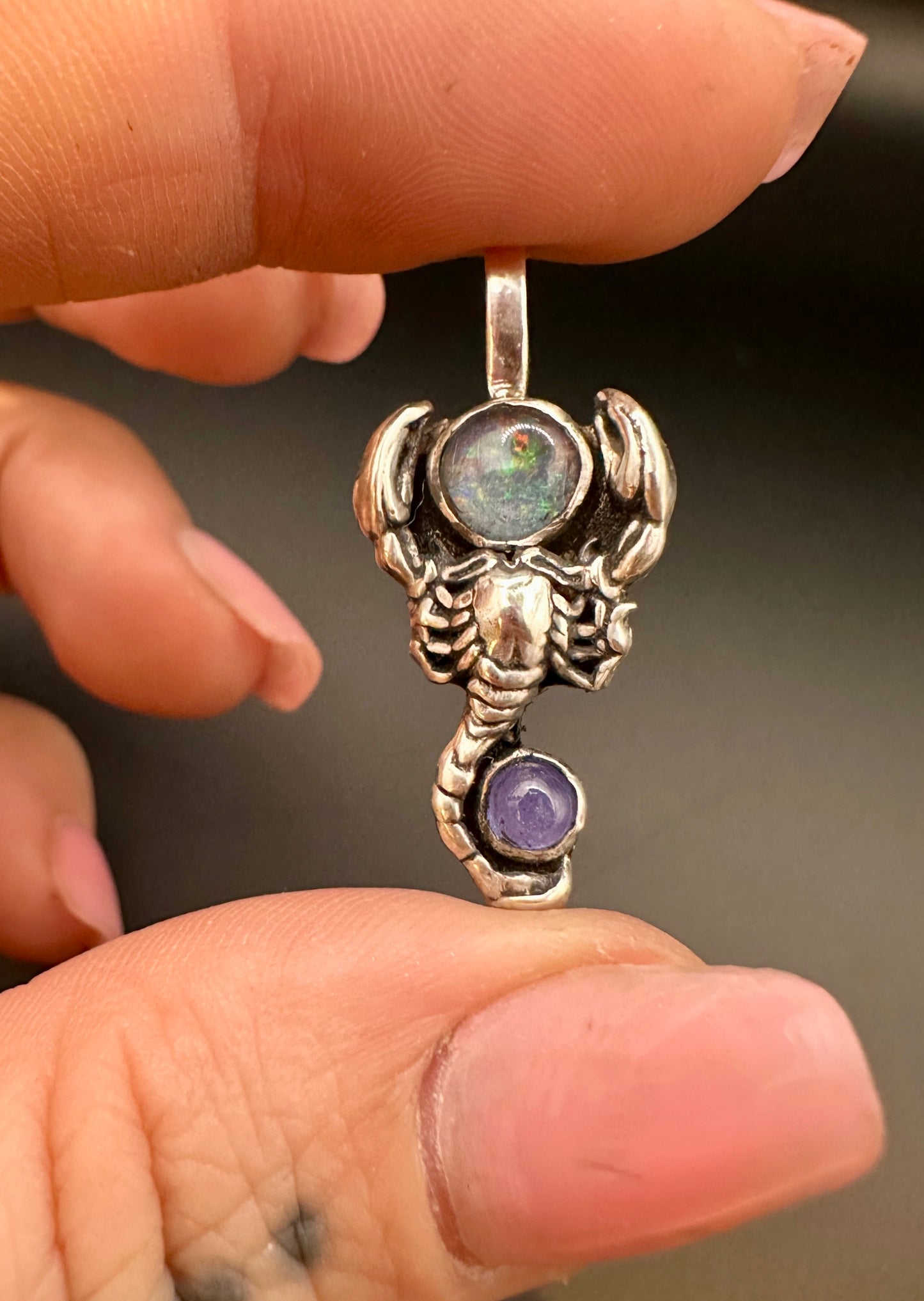 Opal and tanzanite scorpion necklace