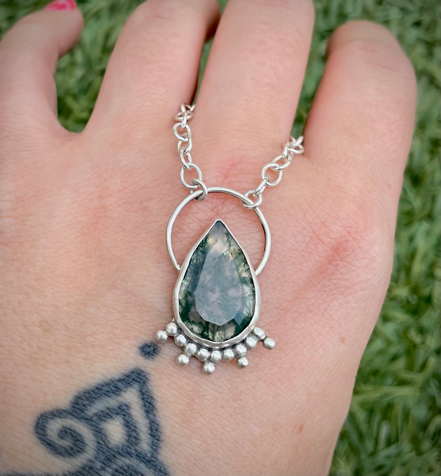 Teardrop moss agate amulet