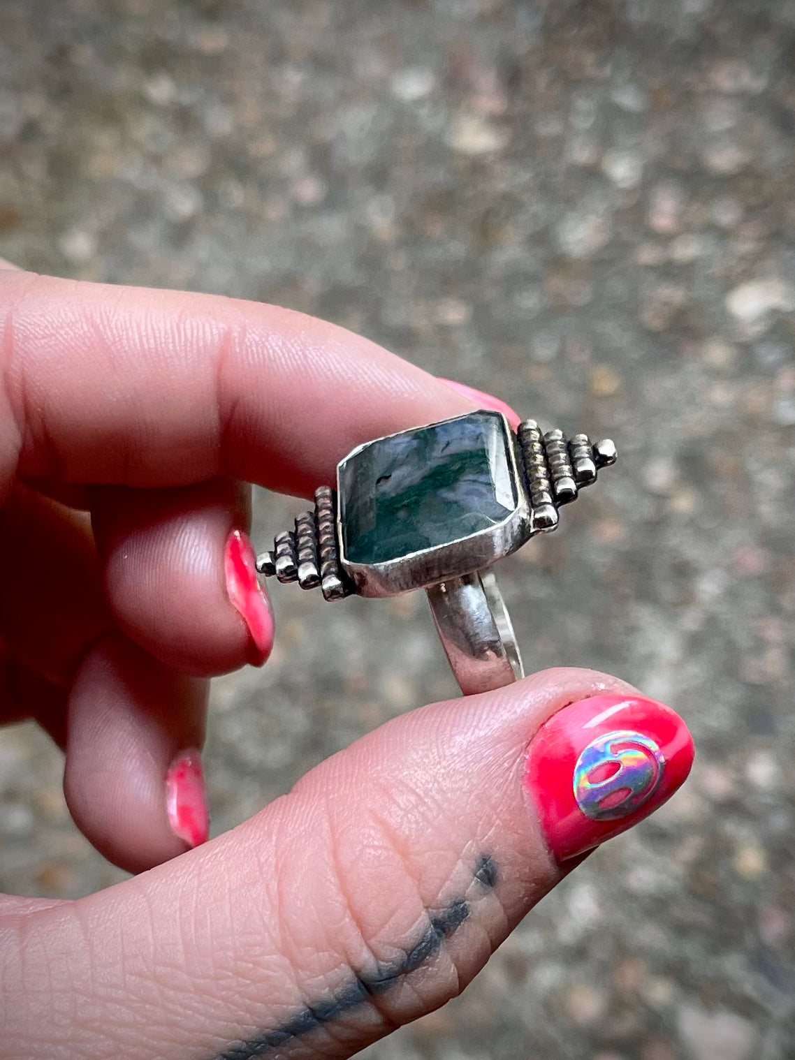 Embellished moss agate ring sz 7.5