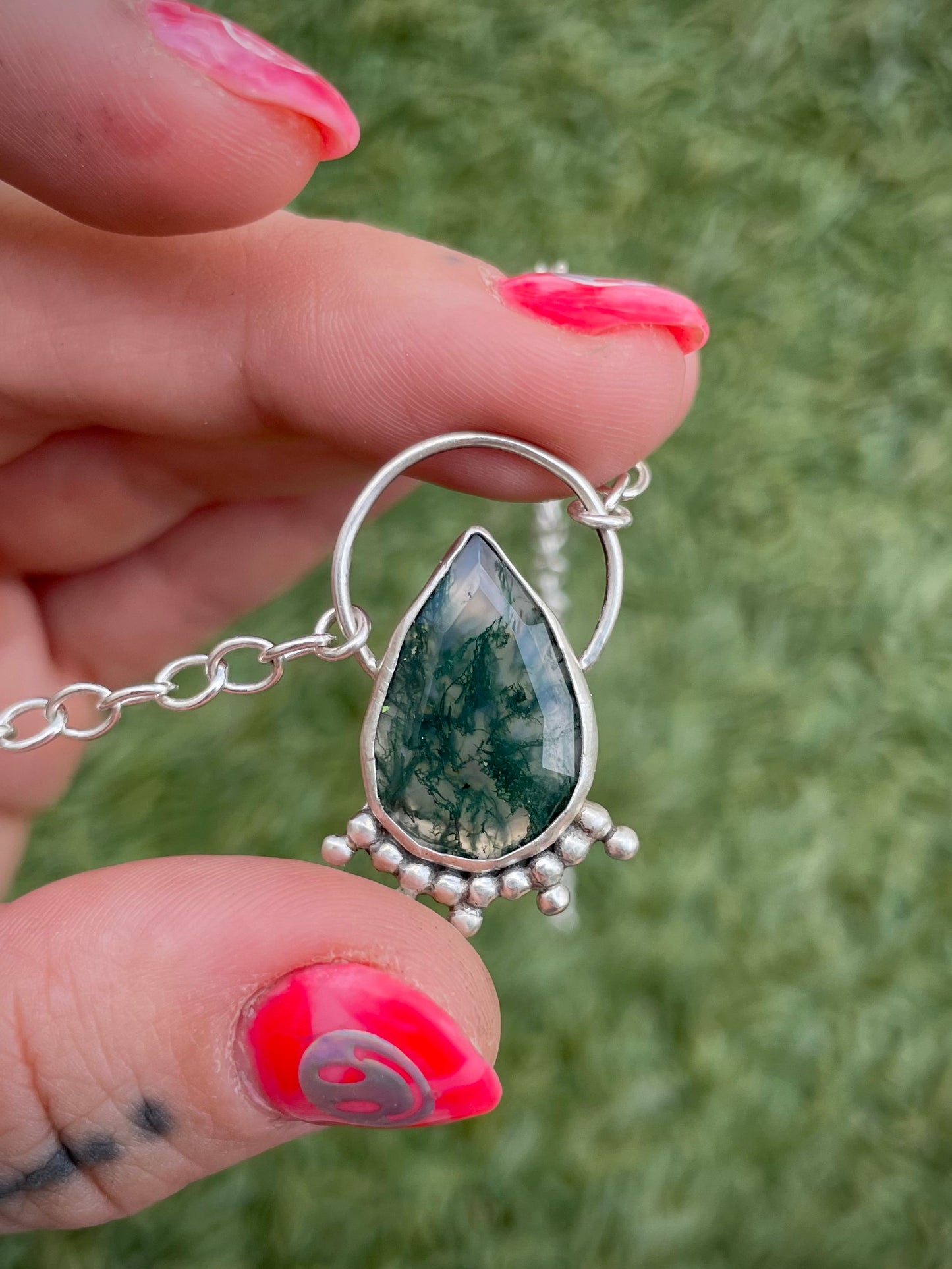 Teardrop moss agate amulet