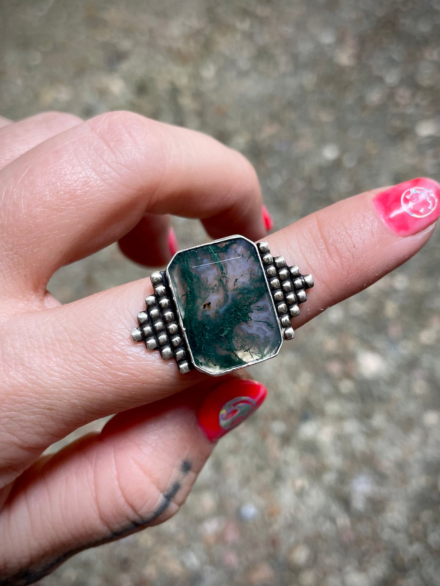 Embellished moss agate ring sz 7.5