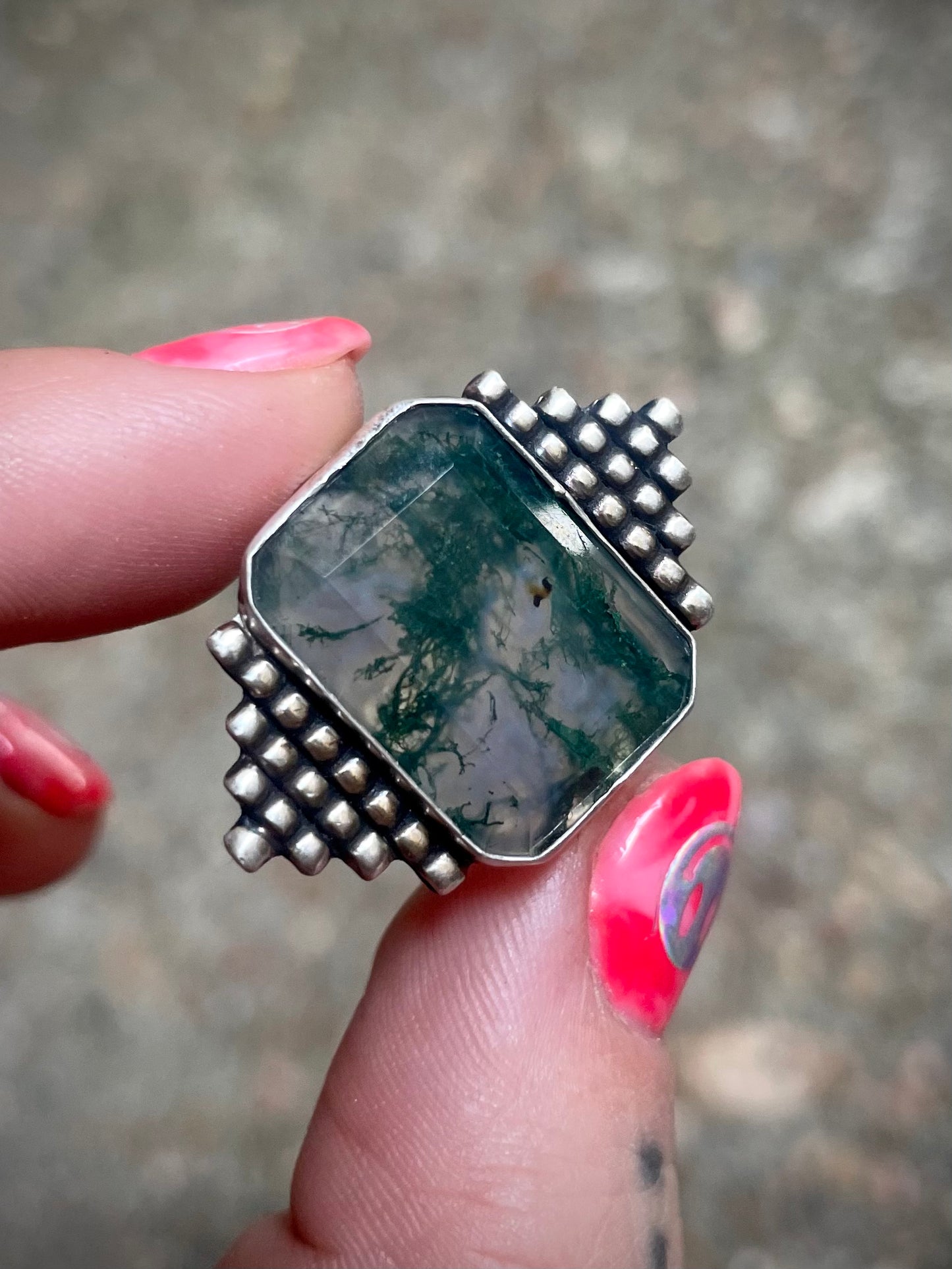 Embellished moss agate ring sz 7.5