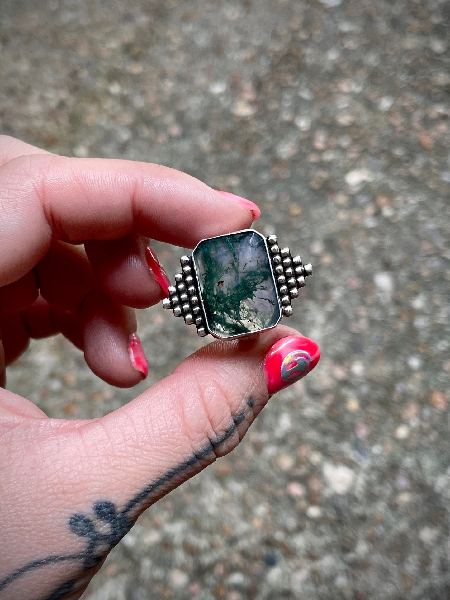 Embellished moss agate ring sz 7.5