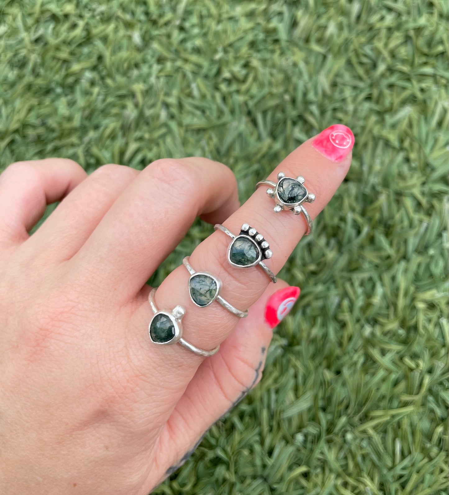 Moss agate ring with silver ball